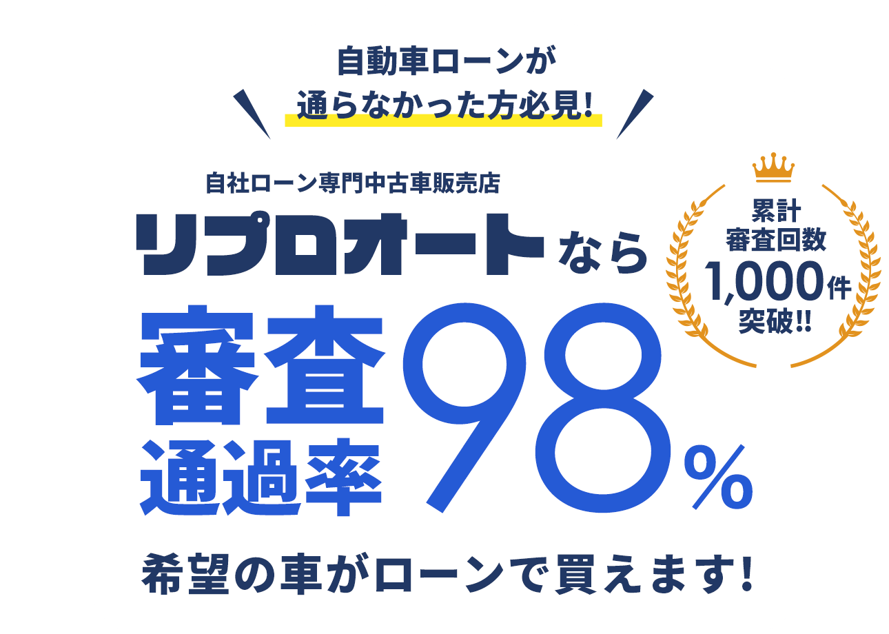 自動車ローンが通らなかった方必見!自社ローン専門中古車販売店リプロオートなら審査通過率98% 希望の車がローンで買えます! 累計審査回数1,000件突破!!